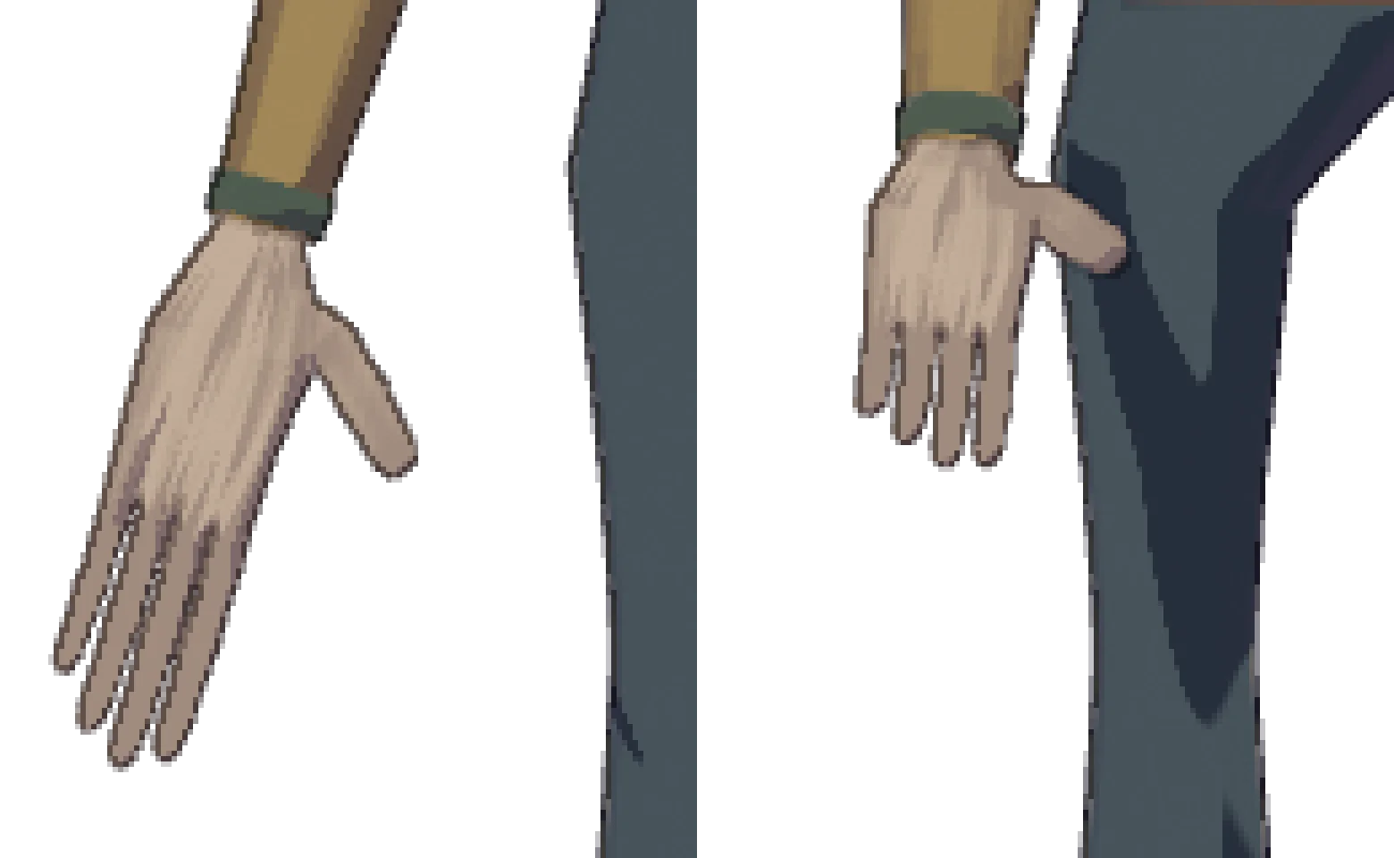 Matched hand details at six times magnification. The old hand on the left has long, straight fingers; the selected hand on the right has shorter, fuller fingers with a slight curl. Development revisions 936d0fe0 and 905e8054.