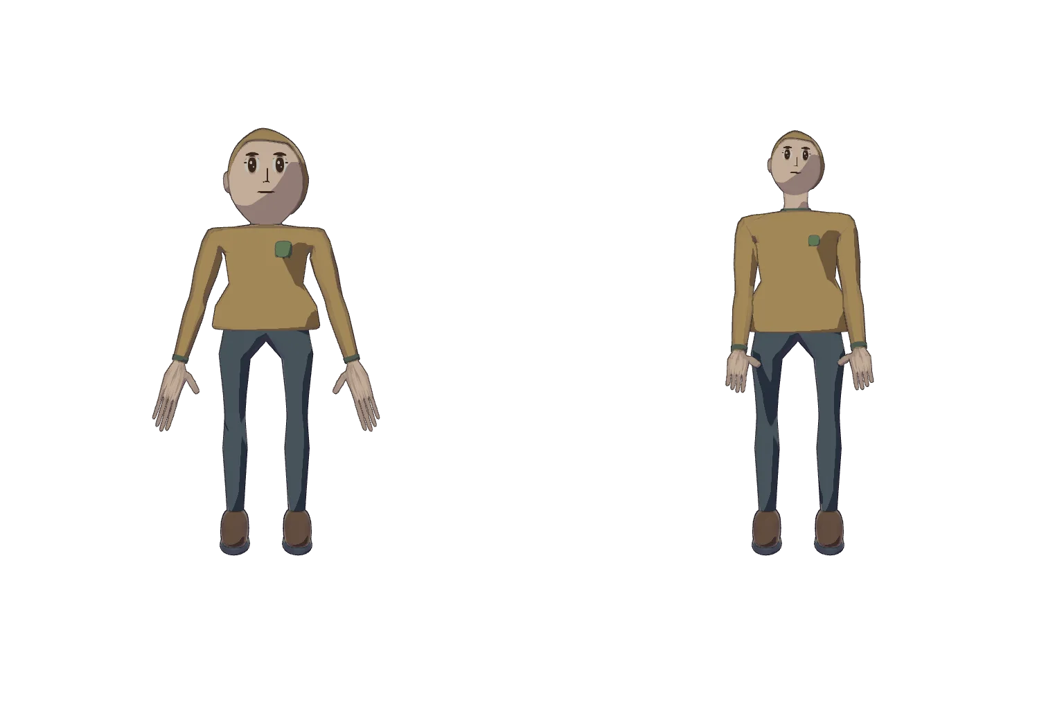 Two front-facing Red Hope character studies: the old figure at left has a large head and long, flat fingers; the selected study at right has a smaller head, shorter fingers and arms closer to the body. Development revisions 936d0fe0 and 5d790d78.