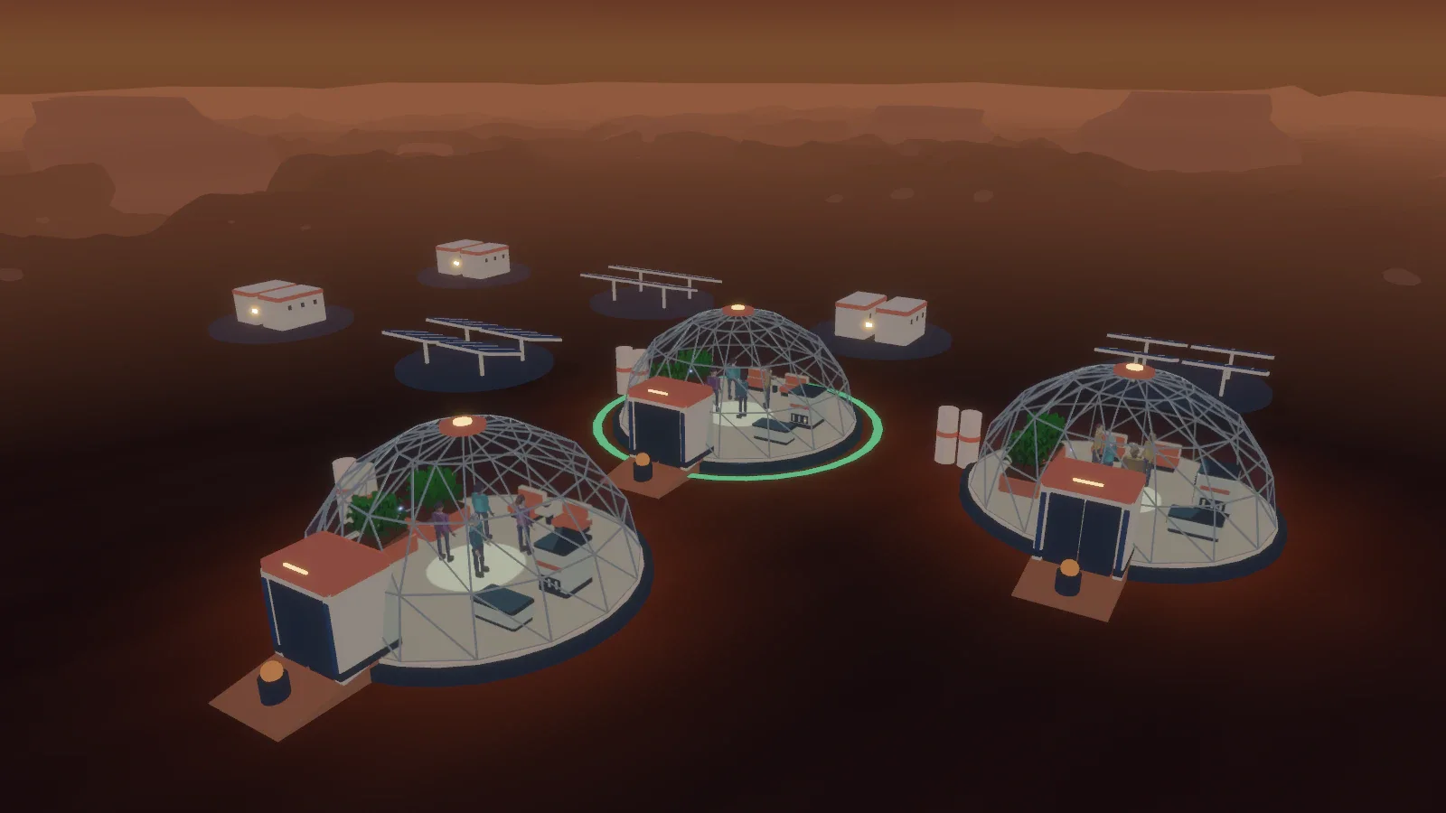 Three glass habitats glowing in a dark red dusk, with small outbuildings and solar panels around them and a brown haze rising over the mesas behind. Staged development still at revision c0dda269.