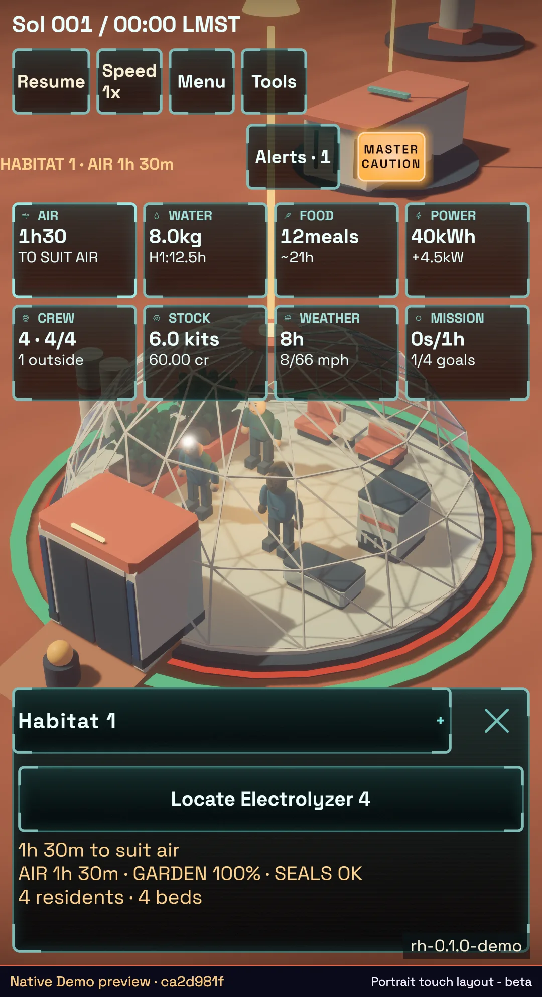 Red Hope native Demo development preview ca2d981f: portrait touch layout with resource cards and onscreen controls, touch beta.