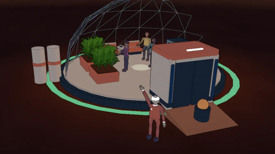 A glass habitat at night. Inside, three people stand in warm light among planters and seats. Outside, a pioneer in a red suit stands beside the airlock with one arm raised.