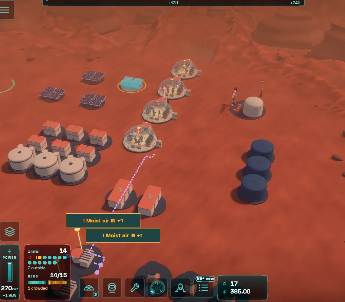 A wide view of a Mars colony on the development build: four glass habitats in a row, battery and storage blocks, solar arrays and dark water tanks. The crew panel reads 14 crew, 2 outside.