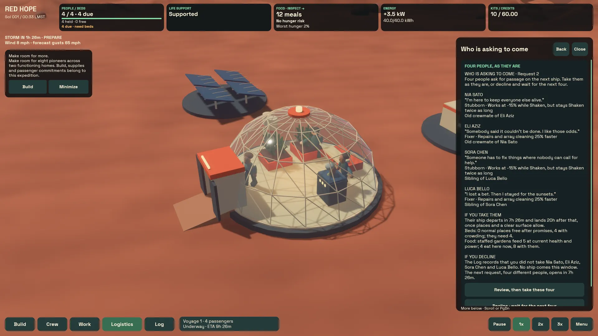 The Logistics drawer lists four people asking to come, each with a line, a trait and who they came with, beside a glass dome with two pioneers inside.