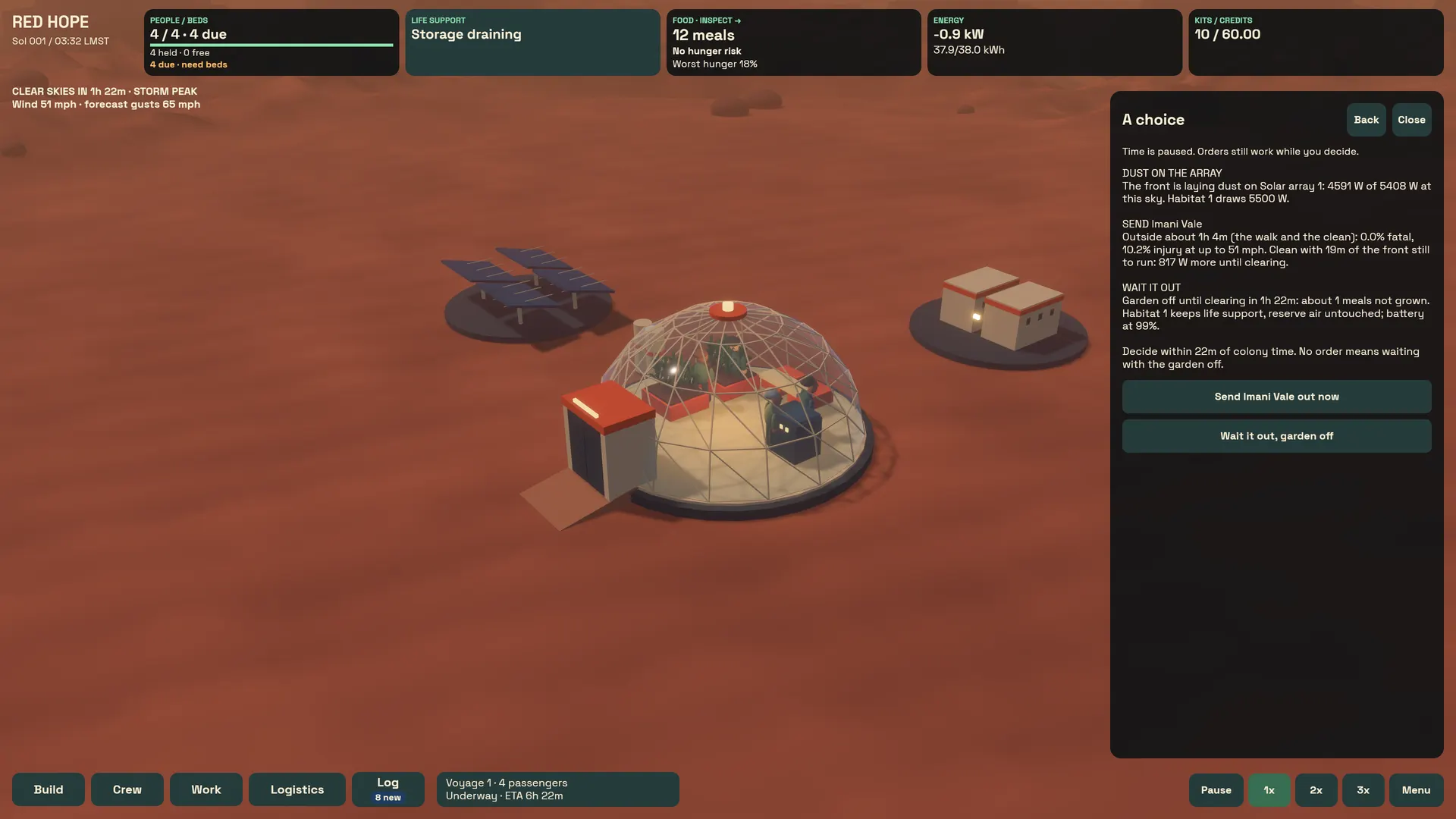 At storm peak, a paused choice: send Imani Vale out to clean a dusty solar array, or wait it out with the garden off.