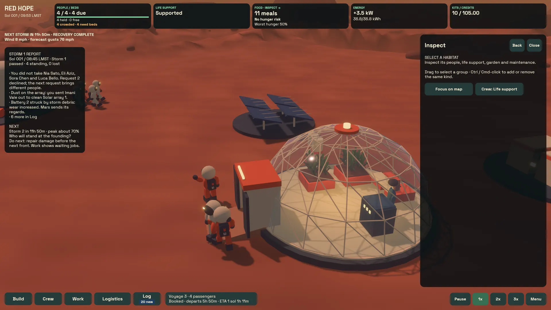 After the storm, three suited pioneers walk past a dome while the report lists what happened and the next front’s forecast.