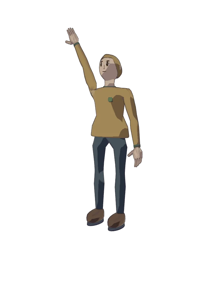 A Red Hope pioneer in a mustard shirt and blue trousers holds one arm up in a wave. The other hand rests near the thigh. Isolated development pose study at revision 905e8054.